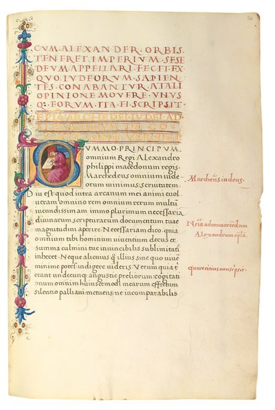 PSEUDO-ARISTOTLE, Secreta secretorum; "MARDOCHEUS IUDEUS", Epistola ad Alexandrum de cognitione veri dei; ADAM DE MONTALDO (fl. cca 1450-1495), Divinitus prolata iudicia sive premonita; Quedam alia summatim posita iudicia, Řím, cca 1490 (tuš a barva na vel od Italian School