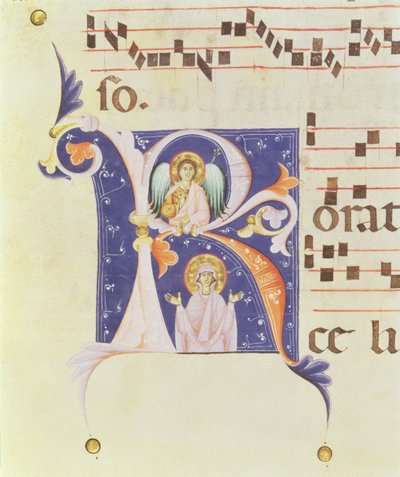 P 23 V Historická iniciála „R“ zobrazující anděla a světici (vellum) od Italian School