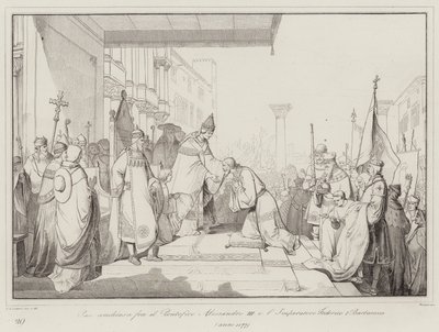 Mír uzavřen mezi papežem Alexandrem III. a císařem Fridrichem I. Barbarossou od Italian School