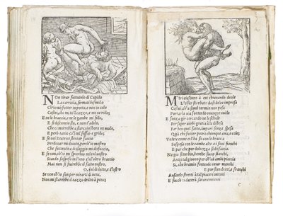 Stránka z "Sonetti Lussuriosi" od Pietra Aretina, ilustrovaná Giuliem Romanem a vyrytá Marcantoniem Raimondim, publikováno v Benátkách, kolem roku 1527 od Italian School