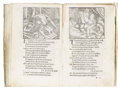 Stránka z "Sonetti Lussuriosi" od Pietra Aretina, ilustrovaná Giuliem Romanem a vyrytá Marcantoniem Raimondim, publikováno v Benátkách, kolem roku 1527 od Italian School