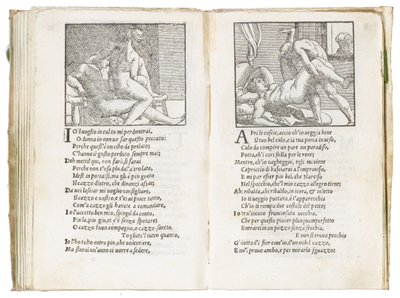 Stránka z "Sonetti Lussuriosi" od Pietra Aretina, ilustrovaná Giuliem Romanem a vyrytá Marcantoniem Raimondim, publikováno v Benátkách, kolem roku 1527 od Italian School