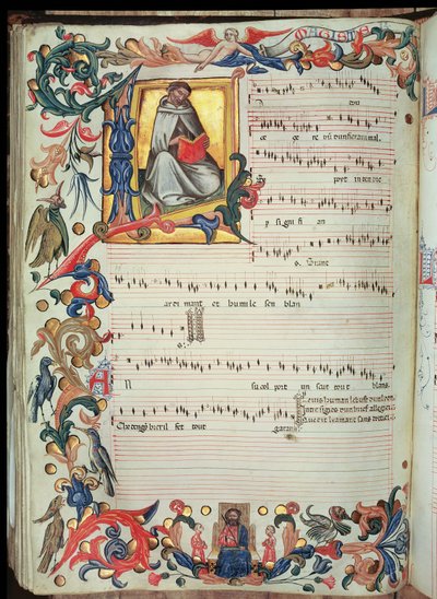 Strana notového záznamu s historickou iniciálou, z kodexu Squarcialupi, vyrobeného ve florentském klášteře S. Maria degli Angeli (vellum) od Italian School