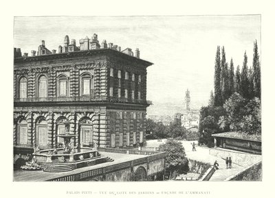 Palác Pitti, pohled ze strany zahrad, fasáda Ammanati (rytina) od Italian School