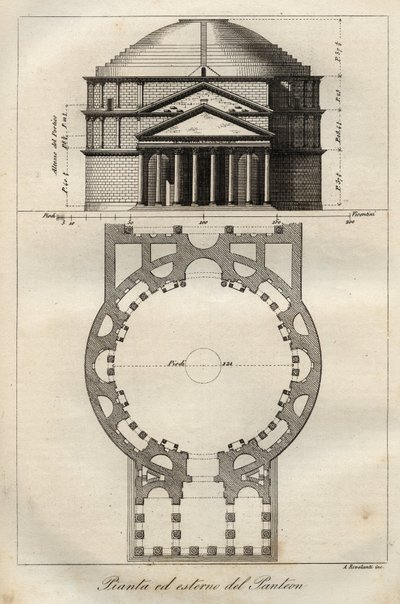 Římský pantheon, dokončený v c. 125 n. l. za vlády Hadriána – rytina z „“ Zvyků a tradic všech národů vesmíru. To je historie vlády, zákonů, milicí, náboženství všech národů od nejvzdálenějších dob až po g od Italian School