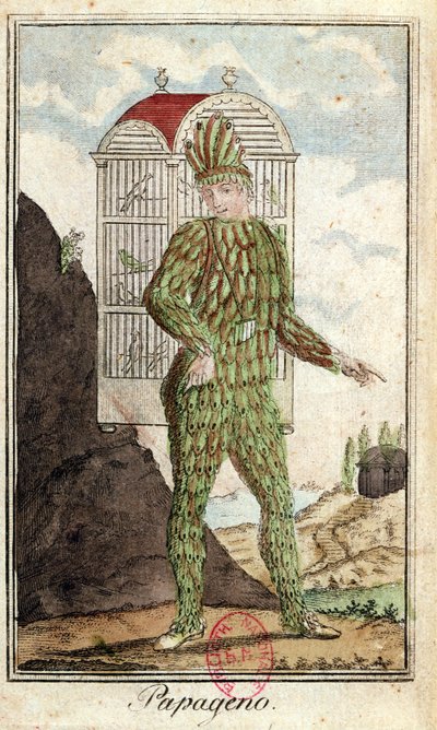Papageno, lapač ptáků, z Kouzelné flétny od Wolfganga Amadea Mozarta (1756-91), od Italian School