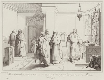 Pietro Orseolo I opouští svůj trůn a svou vlast, aby se stal mnichem ve Francii, 978 (rytina) od Italian School
