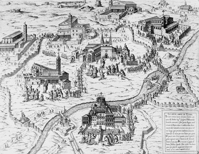 Poutníci navštěvující sedm kostelů v Římě během svatého roku 1575, rytina, Itálie od Italian School