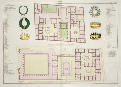 Plány Domu Questorů a Domu Faunů, Pompeje, deska 25A, třída 5 z části I Historie národů (akvatinta) od Italian School