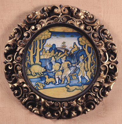 Talíř zdobený loveckou scénou, dílna Deruta, cca 1540-45 (majolika) od Italian School