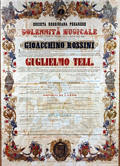 Playbill pro Guillaume Tell, operu Gioachina Rossiniho, cca 1864 (barevné lito) od Italian School