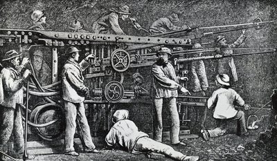 Pneumatický stroj na vrtání hornin, který vytvořil Giovanni Battista Piatti a zdokonalil Germano Sommeiller (1815-1871), rytina Itálie od Italian School