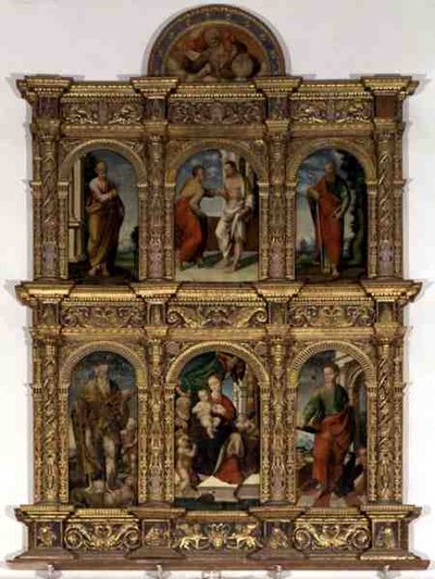 Polyptych zobrazující Madonu s dítětem se svatými (olej na panelu) od Italian School