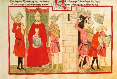 Papež Bonifác VIII v Anagni a vyhnání Sciarra Colonna (Giacomo Colonna) z města, miniatura z kroniky Giovanniho Villaniho, rukopis Chigi L VIII 296 folio 176 recto, Itálie 14. století. od Italian School