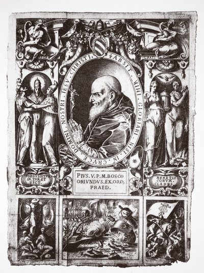 Papež Pius V., s vinětami bitvy u Lepanta, z Vita del Gloriosissimo Papa Pio Quinto, hospoda. 1586 od Italian School