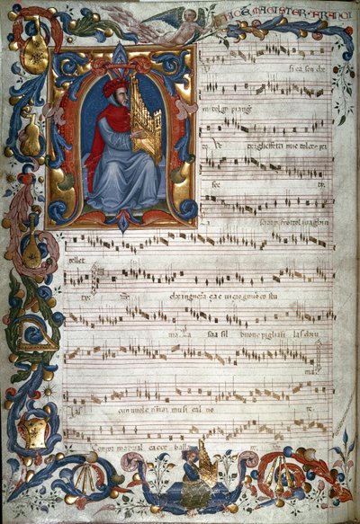 Portrét Francesca Landina a hudební partitura, ilustrace z "The Squarcialupi Codex", c.1325-35 od Italian School