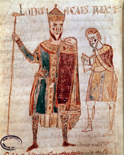 Portrét Ludvíka I. Pobožného (778-840), francouzského krále Rukopisná strana (ms. 4) „Codex Legum Longobardorum“ (nebo Langobardorum) popisující zákony lombardského království založeného králem Rotharim od Italian School