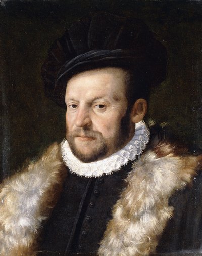 Portrét vousatého gentlemana, délka přes prsa, v černé bundě s bílým volánkovým límcem, od Italian School