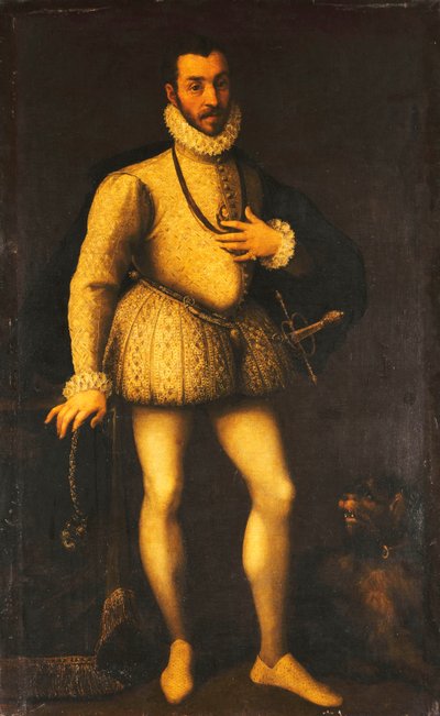 Portrét gentlemana, celovečerní, na sobě má vyšívanou bílou vestu, plášť a meč, kolem roku 1580 od Italian School