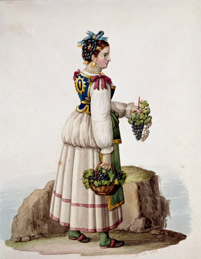 Portrét mladé ženy z Capri, v tradičním oděvu, držící hrozny - (Starý obchod: mladá žena z Capri, držící hrozny) Akvarel Museo Nazionale di San Martino Neapol z 19. století od Italian School