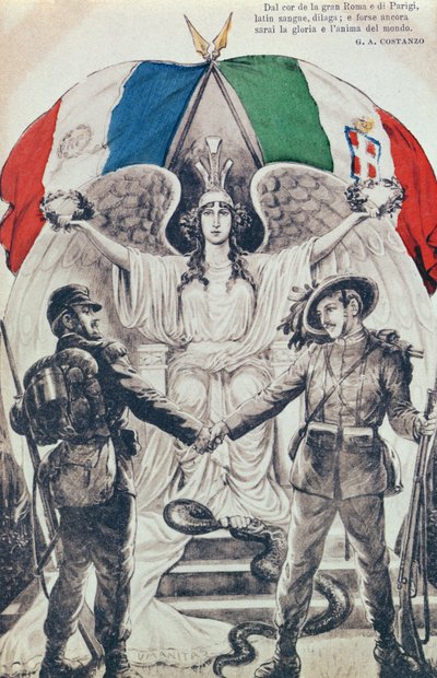 Pohlednice oslavující spojenectví Francie a Itálie během první světové války od Italian School