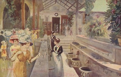 Pohlednice s motivem Ženy v baru Tettuccio, Bagni di Montecatini (barevná litografie) od Italian School