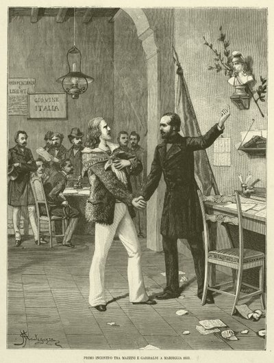 První setkání mezi Mazzinim a Garibaldim v Marseille 1833 (rytina) od Italian School