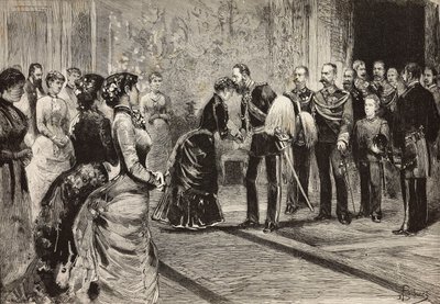 Královna Margherita a Umberto I. přijímají korunního prince Německa (budoucího Fridricha III.) v Quirinale, Řím, Itálie, rytina z kresby Dante Paolocci, z L