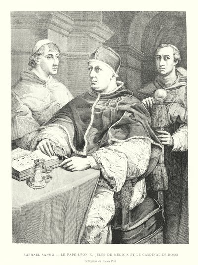 Raphael Sanzio, Le Pape Leon X, Jules de Medici a Cardinal de Rossi, Collection du Palais Pitti (rytina) od Italian School