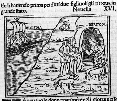 Reet de Beritola. Ilustrace pro novinku 16 (Nová 6 druhého dne) „Dekameronu“ od Giovanniho Boccaccia dit Jean Boccaccia (1313-1375), italského spisovatele. Rytina v "" Decamerone ouer Cento nouelle "" Benátky, Bartolomeo de 