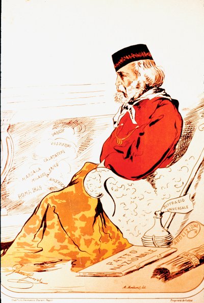 Zastoupení členů parlamentního práva Hrdinů z Risorgimenta a italského vlastence Giuseppe Garibaldiho (1807-1882) v roce 1874. Kresba. Řím, Museo del Risorgimento od Italian School