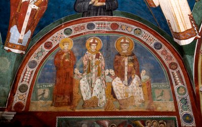 Znázornění svatého Štěpána, křesťanského mučedníka, svatého Tomáše Becketa (1118-1170), arcibiskupa z Canterbury a svatého Mikuláše z Myry nebo Bari (270-345) Anonymní freska (13. století) Dolní kostel. Klášter Saint Benedetto (Sacro Speco), Subiaco (Řím od Italian School