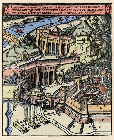 Reprezentace akvaduktu. Barevná rytina z „“De Architectura““ od Vitruvy (1. století př. n. l.) – vydání Gottarda da Ponte, pojď od Italian School