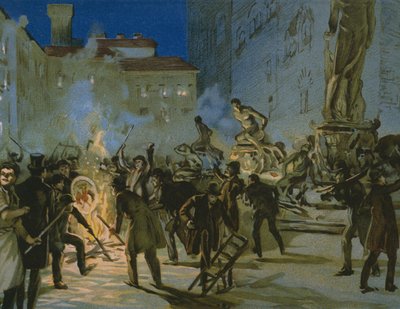 Revoluce ve Florencii, 27. dubna 1859, ilustrace z alba o historii Risorgimenta vyrobeného pro čokoládu Talmone, konec 19. století od Italian School