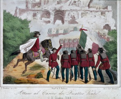 Risorgimento, Římská republika (Repubblica romana): Vojáci armády Giuseppe Garibaldiho na koních se 3. června 1849 pokusili dobýt zpět vilu Quattro Venti v Římě. Litografie Římské národní muzeum Risorgimento od Italian School