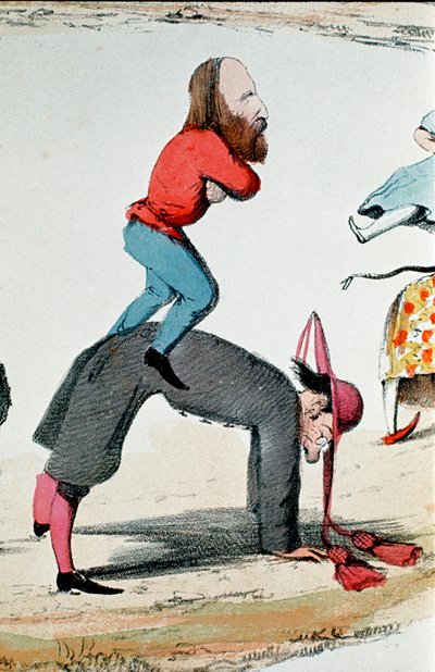 Risorgimento: satirická kresba zobrazující hrdiny Risorgimenta Giuseppe Garibalidi (1807-1882) upravující římskou otázku, politický spor o roli Říma, sídla světské moci papeže a hlavního města nového království od Italian School