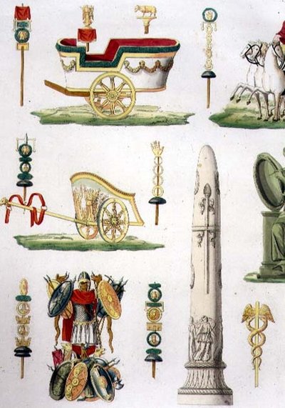 Římské vozy, trofeje a vojenské památky, detail desky 20, třída 5 části I „Historie národů“, vyryl Marco Comirato (asi 1800-69) (akvatinta) (viz také 93291) od Italian School