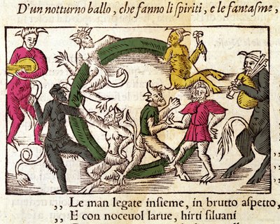Sobotní obřad s čarodějnicemi. Rytina Olause Magnuse (1490 - 1557), švédského náboženského a geografa, „Historia de Gentis Septentrionalibus“, Benátky od Italian School