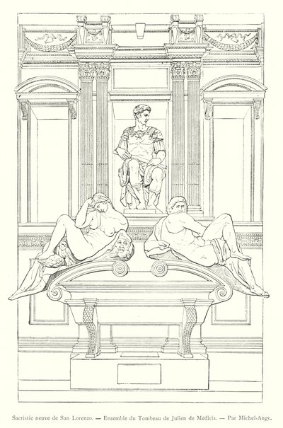Nová sakristie San Lorenzo, soubor hrobky Giuliana de Medici, Michelangelo (rytina) od Italian School