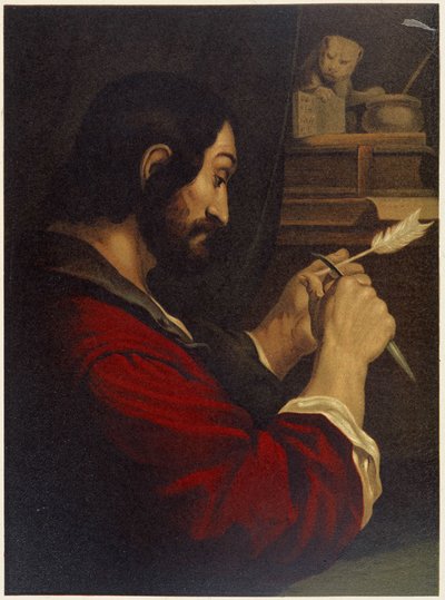 Svatý Marek vyřezával pero - v „Klasické zlaté bibli: historie božského zjevení ve starověkém a novém úsilí“ od Giovanniho Ladislao Sykory (sv. 2), přeložil Don Clemente Benetti. (italská bible) od Italian School