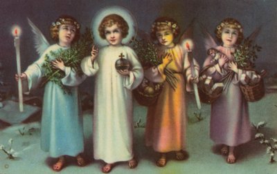Svatý a andělé (barevná litografie) od Italian School