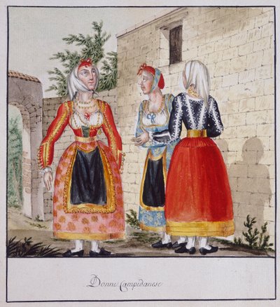 Sardinské ženy v kostýmech z Campidana, tištěná ms.258, kolekce Luzzetti od Italian School