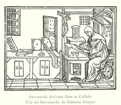 Savonarola píše ve své cele, ze Savonarola od Gustava Gruyera (rytina) od Italian School