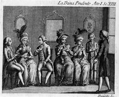 Scéna 13 dějství 1 komiksu „La dama prudente““ (Obezřetná manželka) (1751) od Carla Goldoniho (1707-1793). Rytina 18. století od Italian School