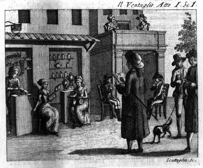 Scéna 1 z prvního dějství komiksu „Il ventaglio““ (Událost) (1764) od Carla Goldoniho (1707-1793). Rytina 18. století od Italian School