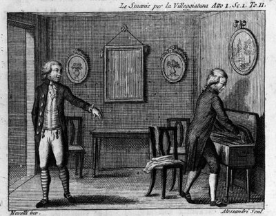 Scéna 1 z prvního dějství komiksu „Le smanie per la villeggiatura““ (La ville) (1761) od Carla Goldoniho (1707-1793). Rytina 18. století. od Italian School