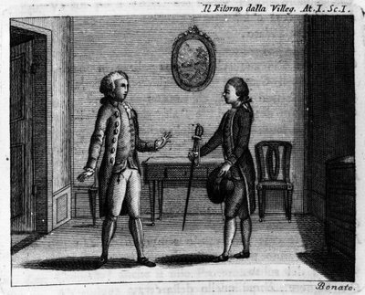 Scéna 1 z prvního dějství komiksu „Ritorno della villeggiatura“ (Návrat města) (1761) od Carla Goldoniho (1707–1793). Rytina 18. století od Italian School