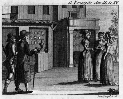Scéna 4 dějství II z komiksu „Il ventaglio““ (Událost) (1764) od Carla Goldoniho (1707-1793). Rytina 18. století od Italian School