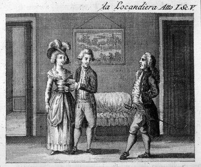 Scéna 5 z prvního dějství díla „La locandiera““ (1753) od Carla Goldoniho (1707-1793). Rytina 18. století od Italian School