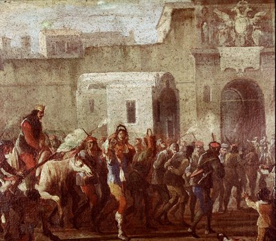 Scéna trestání zlodějů v době Masaniella (Trestání zlodějů v době Masaniello) Detail obrazu kolem 1640-1650 Neapol, Museo Nazionale di San Martino od Italian School